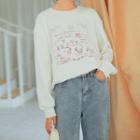 Fleece-lined Cartoon Embroidered Top Off-white - One Size