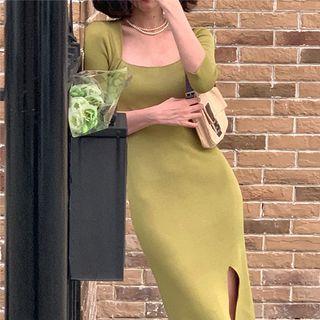 Elbow-sleeve Square-neck Knit Midi Sheath Dress
