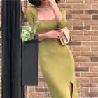 Elbow-sleeve Square-neck Knit Midi Sheath Dress