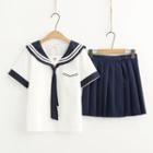 Short-sleeve Sailor Collar Blouse / Pleated Mini A-line Skirt / Set