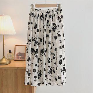 Floral Midi A-line Skirt Black Flowers - White - One Size