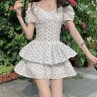 Puff-sleeve Halter Floral A-line Dress