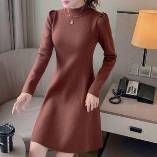 Mock Neck Plain Knit A-line Dress