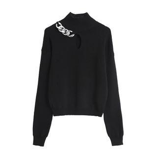 Turtle Neck Cut Out Sweater With Mental Chain