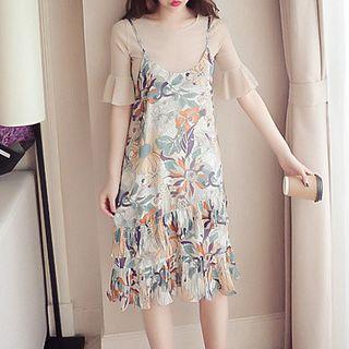 Set: Elbow-sleeve Knitted Top + Flower Print Spaghetti Strap Dress