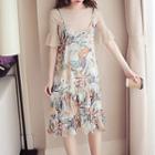 Set: Elbow-sleeve Knitted Top + Flower Print Spaghetti Strap Dress