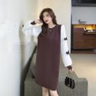 Mock Two-piece Puff-sleeve Two-tone Bow Accent Knit Dress
