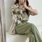 Set: Long-sleeve Floral Print Chiffon Shirt + Wide-leg Dress Pants
