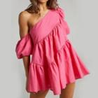 Puff-sleeve One-shoulder Tiered Mini A-line Dress