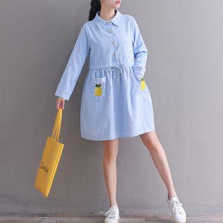 Long-sleeve Pineapple Embroidered Corduroy Shirt Dress
