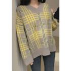 V-neck Oversized Plaid Sweater Gray - One Size