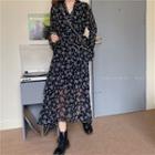 Plain Knit Cardigan / Bell-sleeve Floral Midi Dress