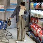 Plaid Shirt / Ruffle Tube Top / Distressed Wide Leg Pants