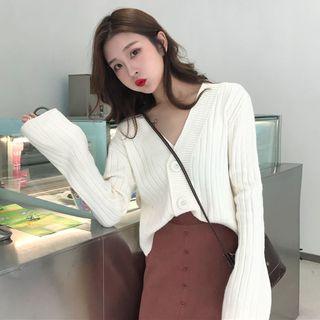 V-neck Cardigan / Buttoned Midi Skirt