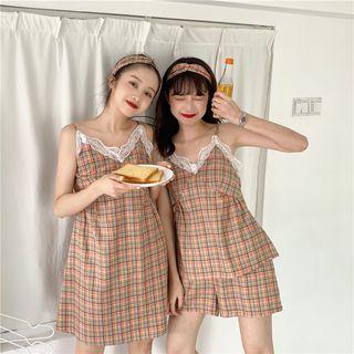 Set: Lace Trim Plaid Camisole + Plaid Shorts / Lace Trim Plaid Spaghetti Strap Dress