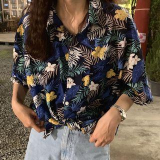 Elbow-sleeve Flower Print Shirt Blue - One Size