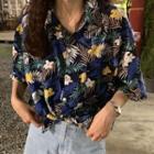 Elbow-sleeve Flower Print Shirt Blue - One Size