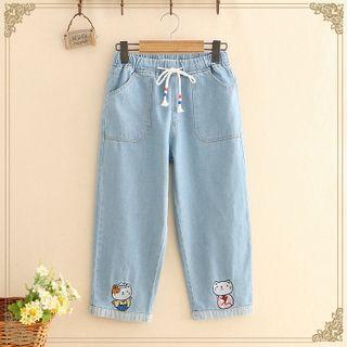 Cat Embroidered Drawstring Cropped Jeans