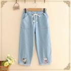 Cat Embroidered Drawstring Cropped Jeans