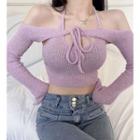 Plain Halter Knit Camisole Top / Long-sleeve Knit Shawl