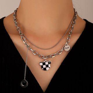 Checker Print Bear Necklace 01 - Black & White & Silver - One Size