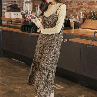 Frill-hem Floral Long Pinafore Dress