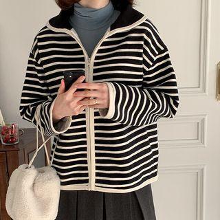 Plus Size Collared Stripe Zip-up Jacket