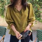 3/4-sleeve Eyelet Lace Collar Blouse Olive Green - One Size