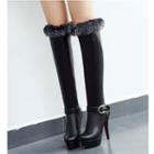 Fluffy Trim High-heel Faux Leather Knee-high Boots
