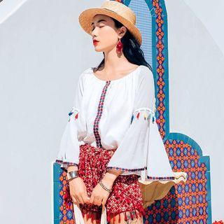 Tassel Detail 3/4-sleeve Chiffon Blouse White - M