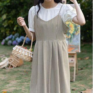 Set: Puff-sleeve Blouse + Plaid Midi A-line Overall Dress