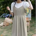 Set: Puff-sleeve Blouse + Plaid Midi A-line Overall Dress