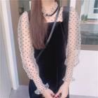 Long-sleeve Dot Print Mesh Panel Velvet Midi Dress Black - One Size