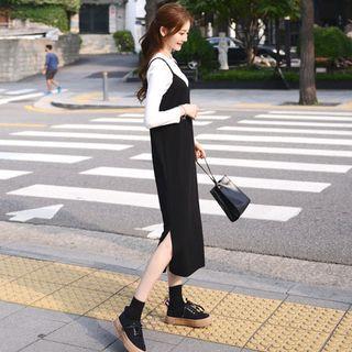 Set: Spaghetti-strap Long Dress + Ribbed T-shirt