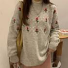 Floral Embroidered Melange Sweater Gray - One Size