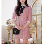 Bow Accent 3/4-sleeve Tweed A-line Dress