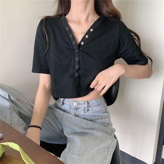 Buttoned Short Sleeve Crop Top