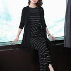 Set: Sleeveless Pinstriped Top + Wide-leg Pants + Open-front Jacket