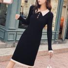 Long-sleeve Collared Knit Dress Black - One Size
