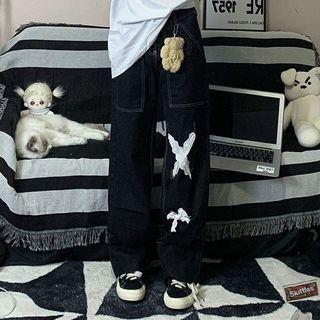 High Waist Lace Panel Loose Fit Jeans