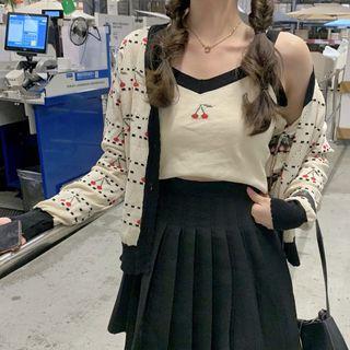 Set: Cherry Print Knit Camisole Top + Cardigan Off-white - One Size