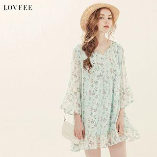 Bell-sleeve Floral Print Loose-fit Chiffon Scallop A-line V-neck Sheath Dress