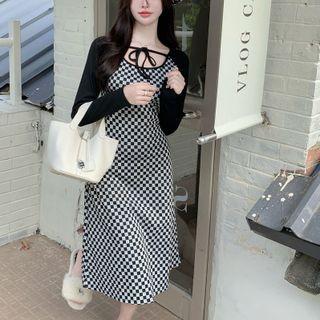 Checkerboard Panel Midi A-line Dress Checkerboard - Black & White - One Size