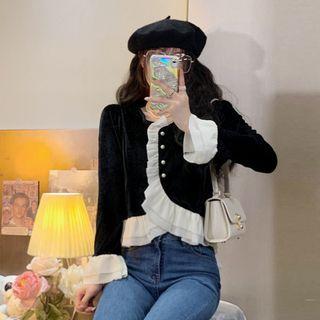 Bell-sleeve Two-tone Frill Trim Velvet Jacket