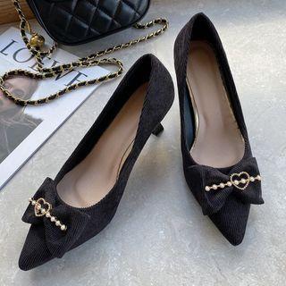 Faux Pearl Pointed Bow Flared Heel Pumps