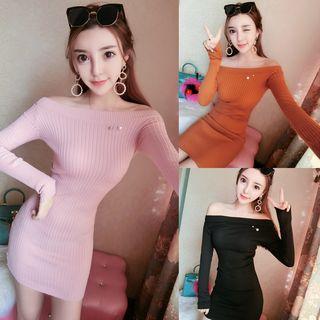 Faux Pearl Off Shoulder Long Sleeve Knit Dress