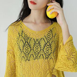 3 / 4-sleeve Front-slit Perforated Knit Top
