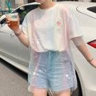 Short-sleeve Mesh Plain Crew-neck Two-piece Lettering Crop T-shirt