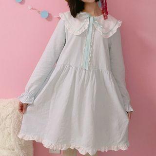 Embroidered Collar Ruffle Trim Long-sleeve Dress