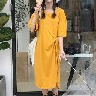 Plain Elbow Sleeve Knot Detail Midi T-shirt Dress